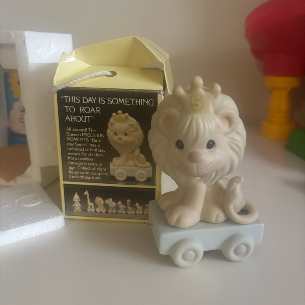 Precious Moments Birthday Train Lion Crown Age 5, Bisque Porcelain, Hand Painted